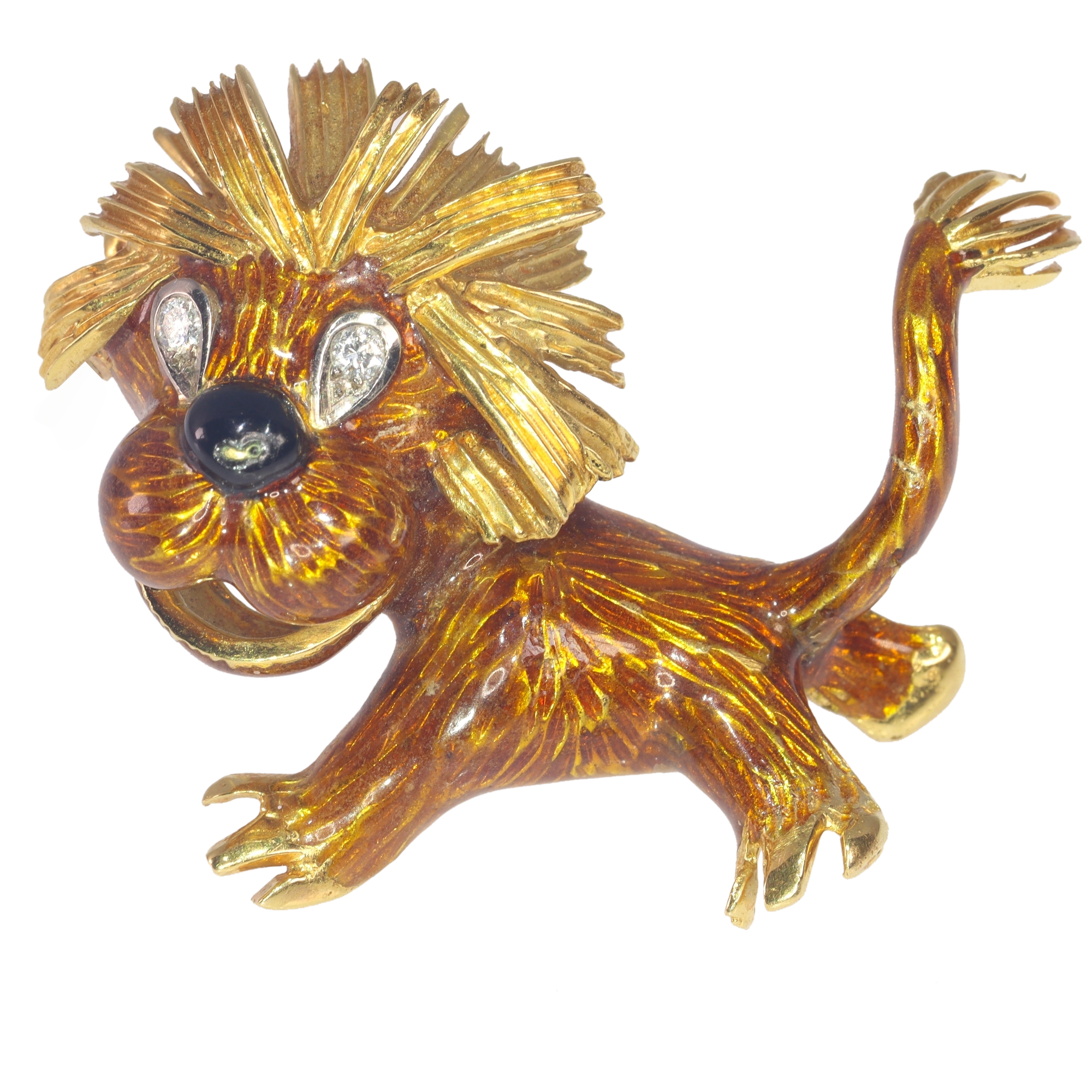Vintage Fifties amusing 18K enameled gold lion with diamond eyes